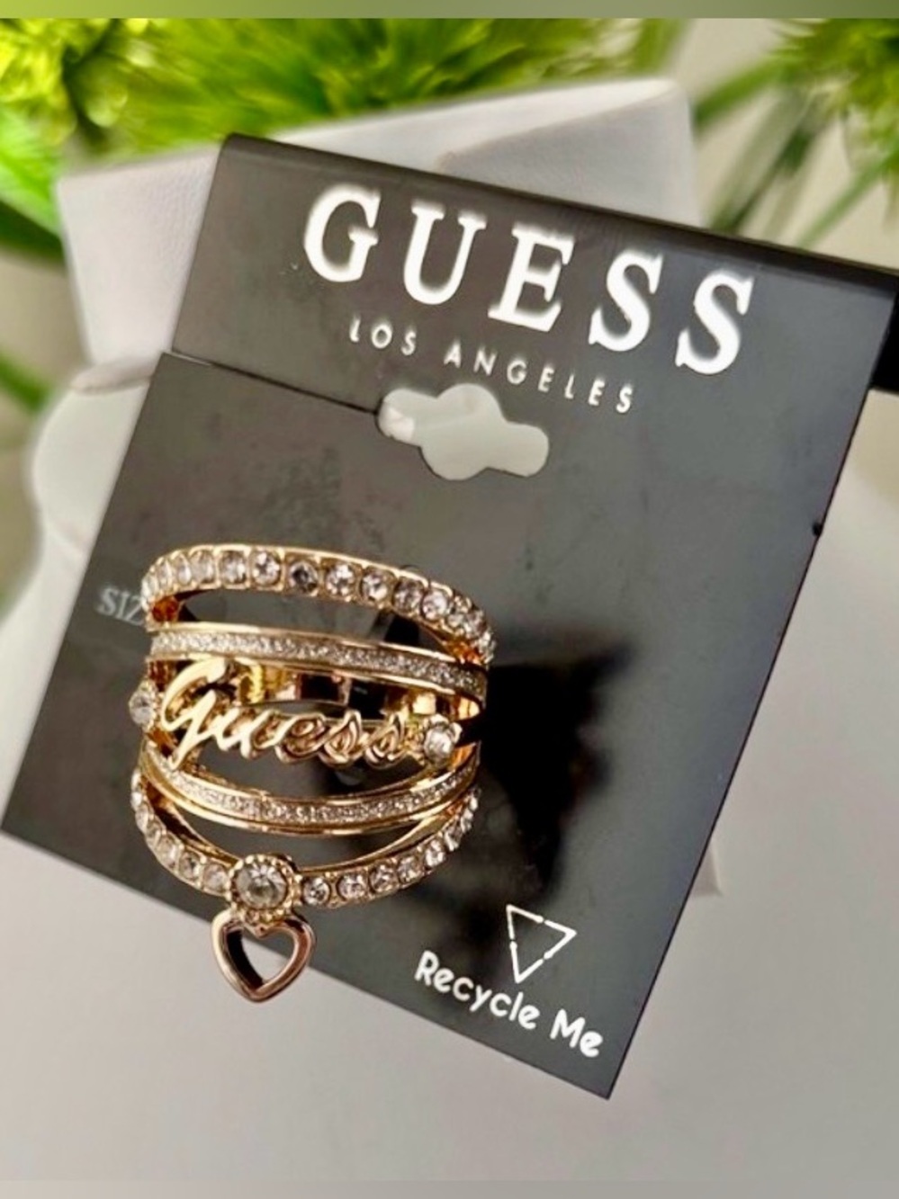 Guess Goldtone multi-band w/clear rhinestones,heart charm,Guess spelled out